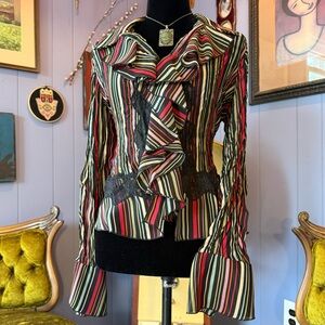 Vintage 90s/Y2K S.L.B. Ruffle And Lace Striped Button Up Blouse Size L